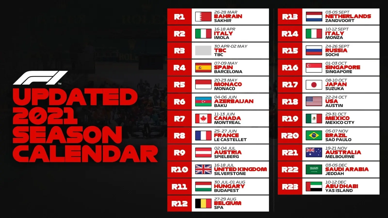 2021 Formula 1 Calendar Updated