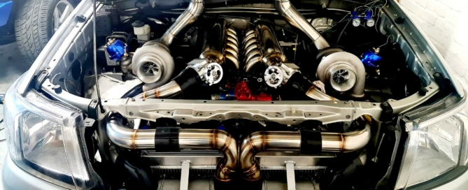 Twin-turbo V12 Toyota Hilux engine bay