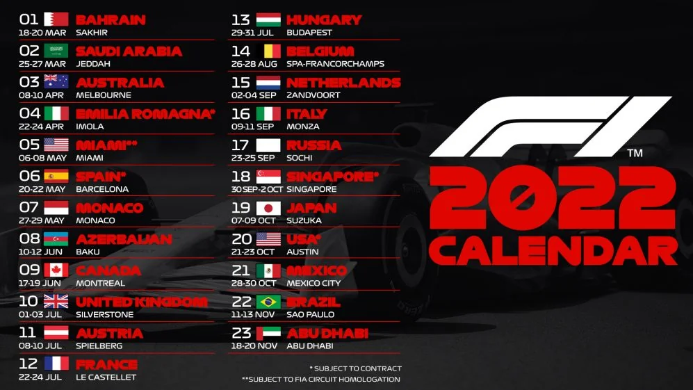 2022 F1 Calendar Announced