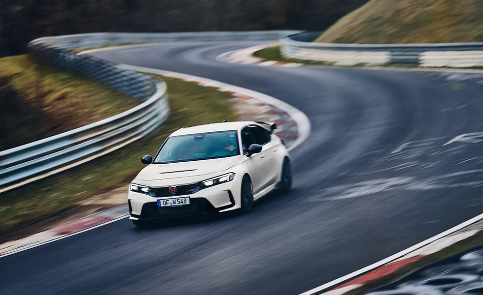 The FL5 Honda Civic Type R at speed on the Nurburgring Nordschleife.