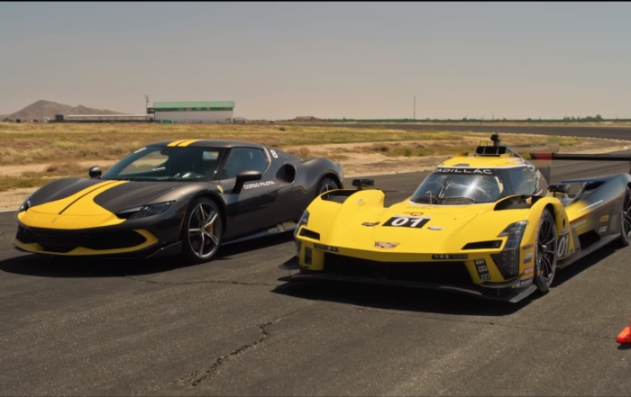 Cadillac Le Mans car drag races Ferrari 296 GTB