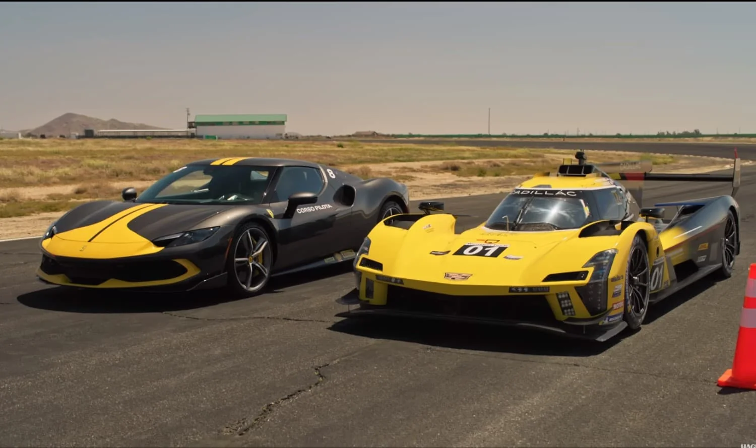 Cadillac Le Mans car drag races Ferrari 296 GTB