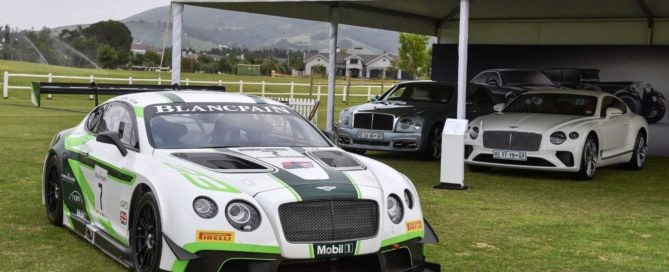 A Bentley Continental GT3 racecar (front) and its roadgoing siblings in the background