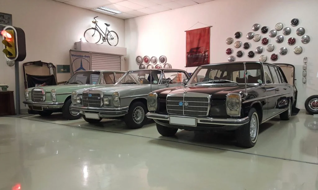 A trio of W114/5 models in long-wheelbase, coupe and sedan body styles