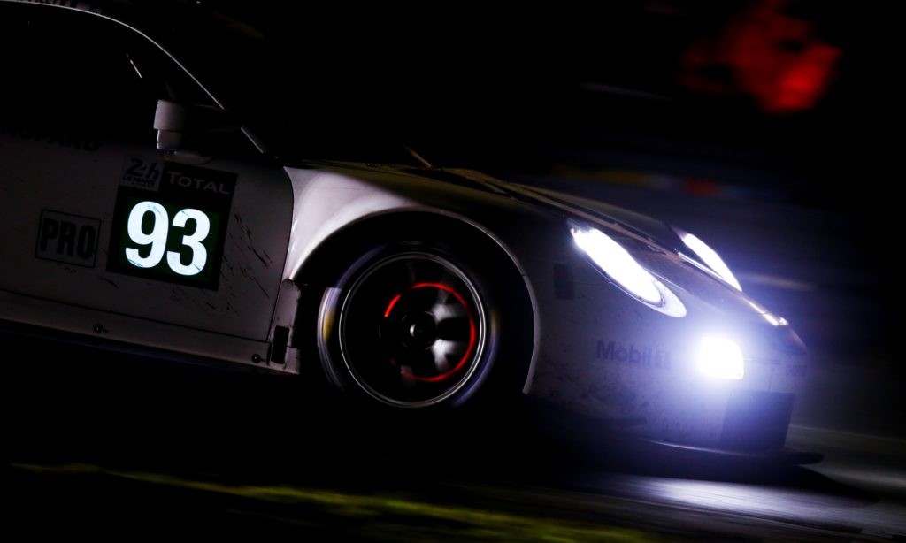 A typical 24 Hours of Le Mans night-time shot with glowing brake discs.