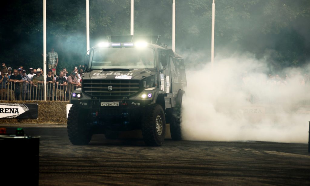 Eduard Nikolaev and the Kamaz truck drift through The Arena at 2019 Goodwood Festival Of Speed 