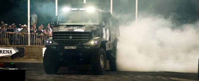 Eduard Nikolaev and the Kamaz truck drift through The Arena at 2019 Goodwood Festival Of Speed