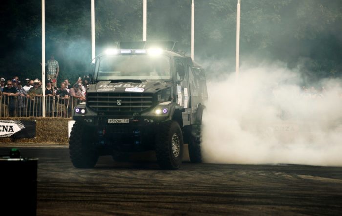 Eduard Nikolaev and the Kamaz truck drift through The Arena at 2019 Goodwood Festival Of Speed