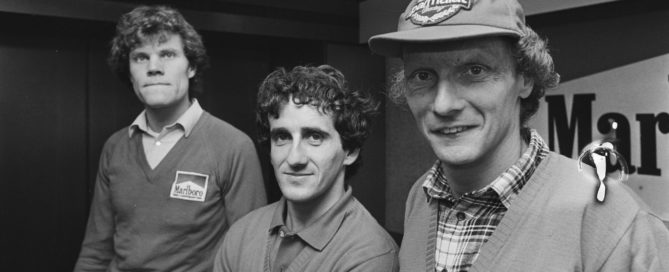 Left to right Huub Rothengatter, Alain Prost and Niki Lauda in 1984