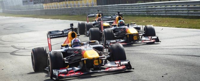 Max Verstappen, Daniel Ricciardo and David Coulthard perform at the Red Bull F1 Showrun at Zandvoort