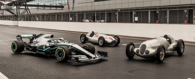Modern day F1 car with its predecessors