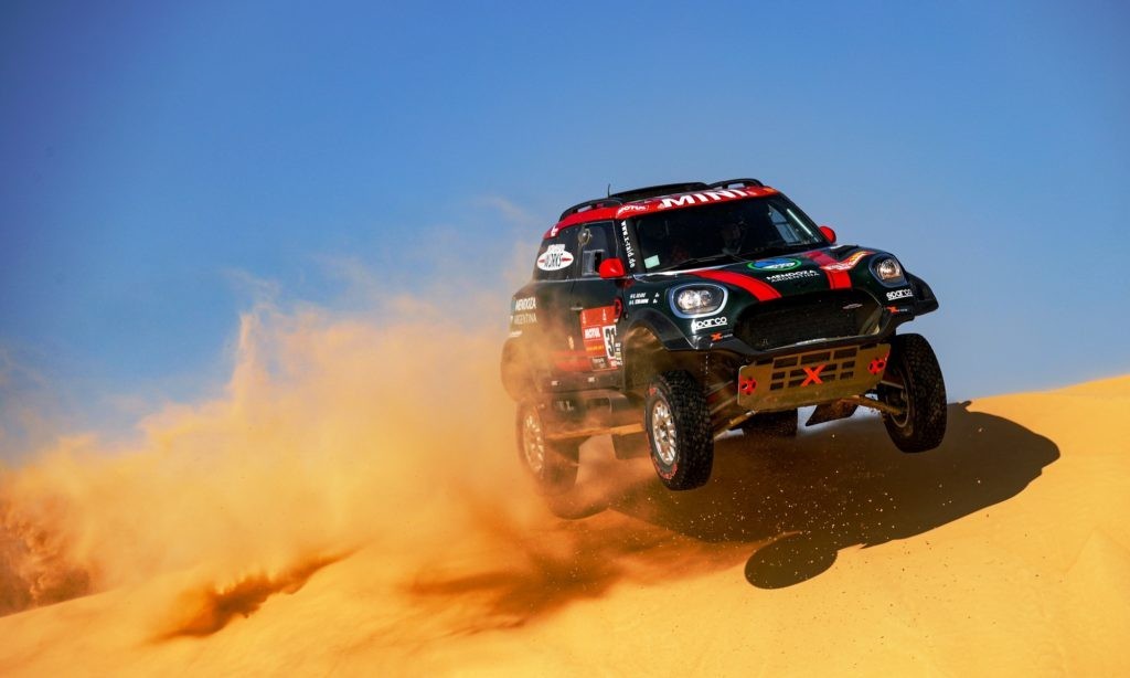 Orlando Terranova and Bernardo Graue in the John Cooper Works X-Raid Mini smash over a dune during Stage 10 between Haradh and Shubaytah (Photo by Florent Gooden for DPPI)