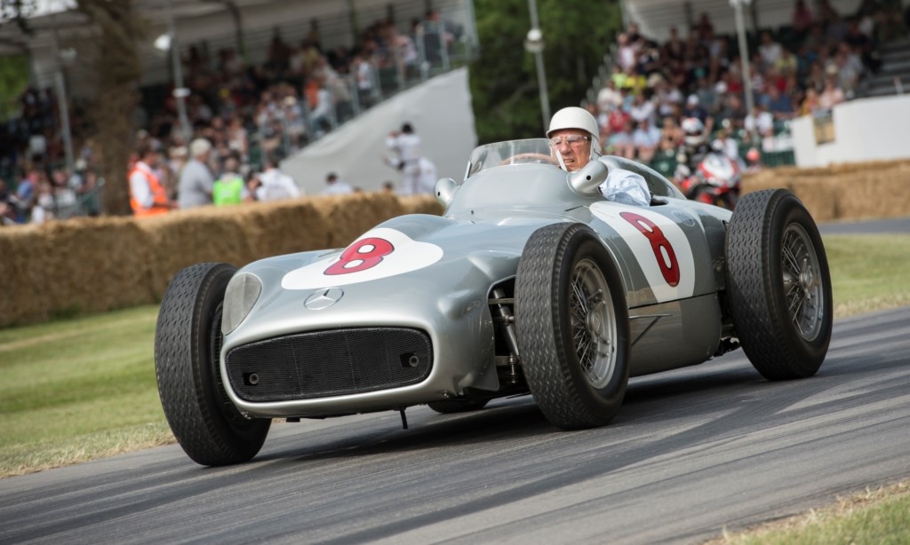Sir Stirling Moss in the Mercedes-Benz W196R Formula 1 car at the 2015 Goodwood Festival of Speed.
