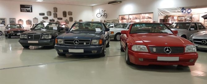 Some of the more modern models in the Mercseum. A neat SL500, a 560SEC on AMG wheels and a W124 cabriolet.