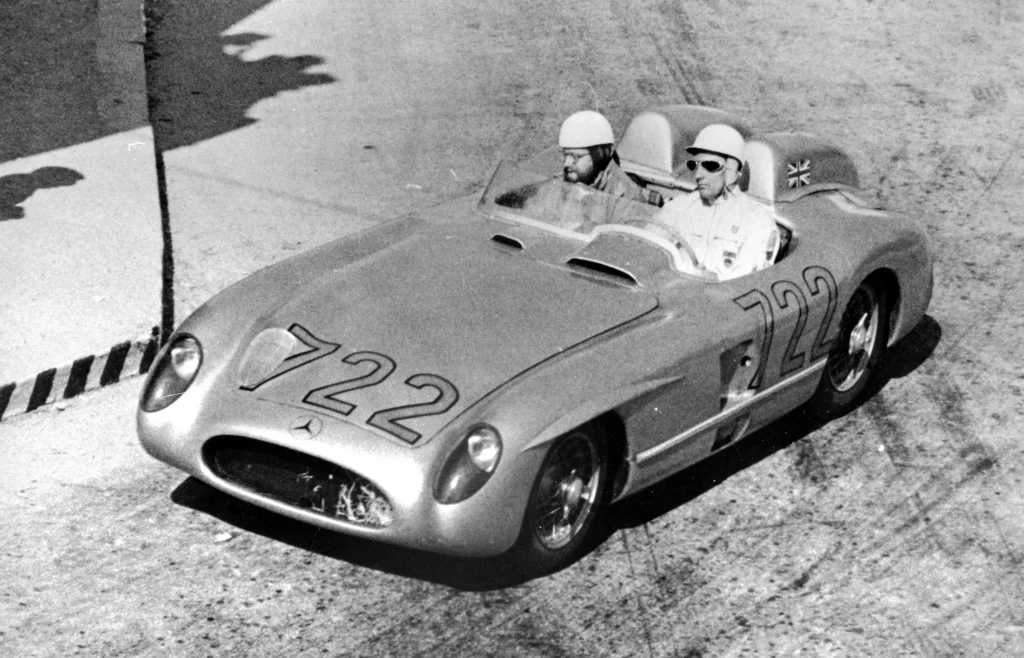 Stirling Moss with his co-driver Denis Jenkinson on the Mille Miglia road race in Mercedes-Benz 300SLR (W196S)