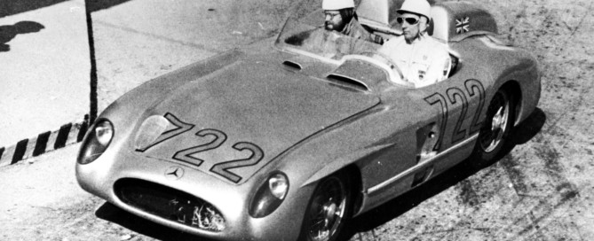 Stirling Moss with his co-driver Denis Jenkinson on the Mille Miglia road race in Mercedes-Benz 300SLR.