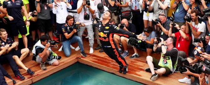 The Aussie driver celebrated his win by taking a dip