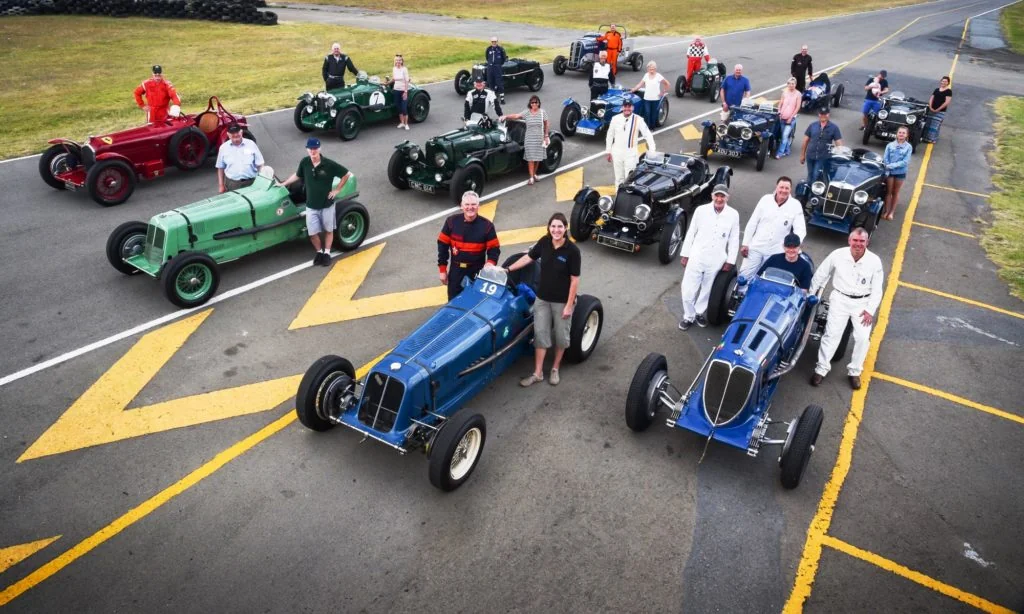 The full line-up of historic racers that took part in the track event.